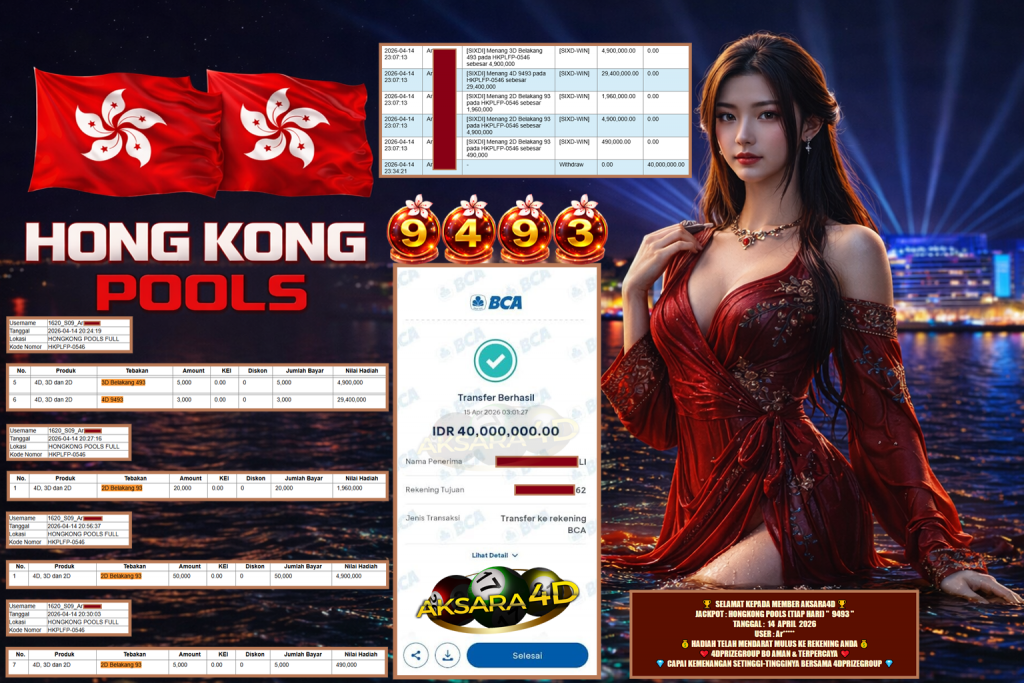 AKSARA4D JACKPOT PRAGMATIC ” HONGKONG POOLS (TIAP HARI) ” 9493 ” ” Rp 40.000.000,- LUNAS