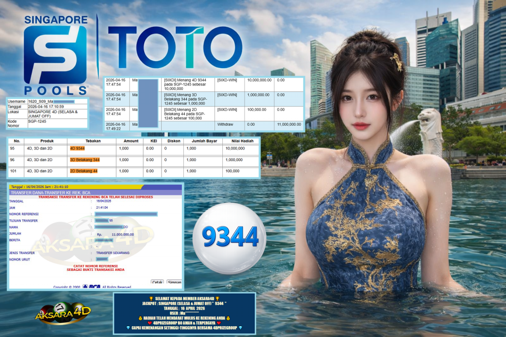 AKSARA4D JACKPOT SINGAPORE (SELASA & JUMAT OFF) ” 9344 ” Rp 11.000.000,- LUNAS