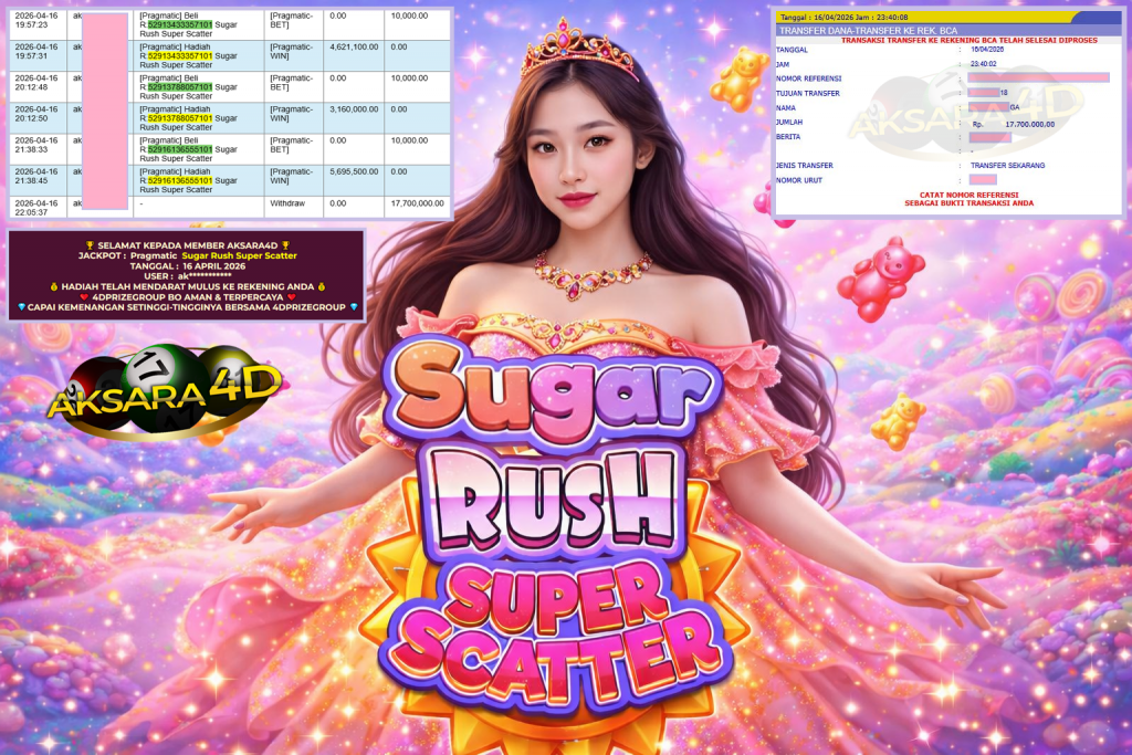 AKSARA4D JACKPOT PRAGMATIC ” Sugar Rush Super Scatter ” Rp 17.700.000,- LUNAS