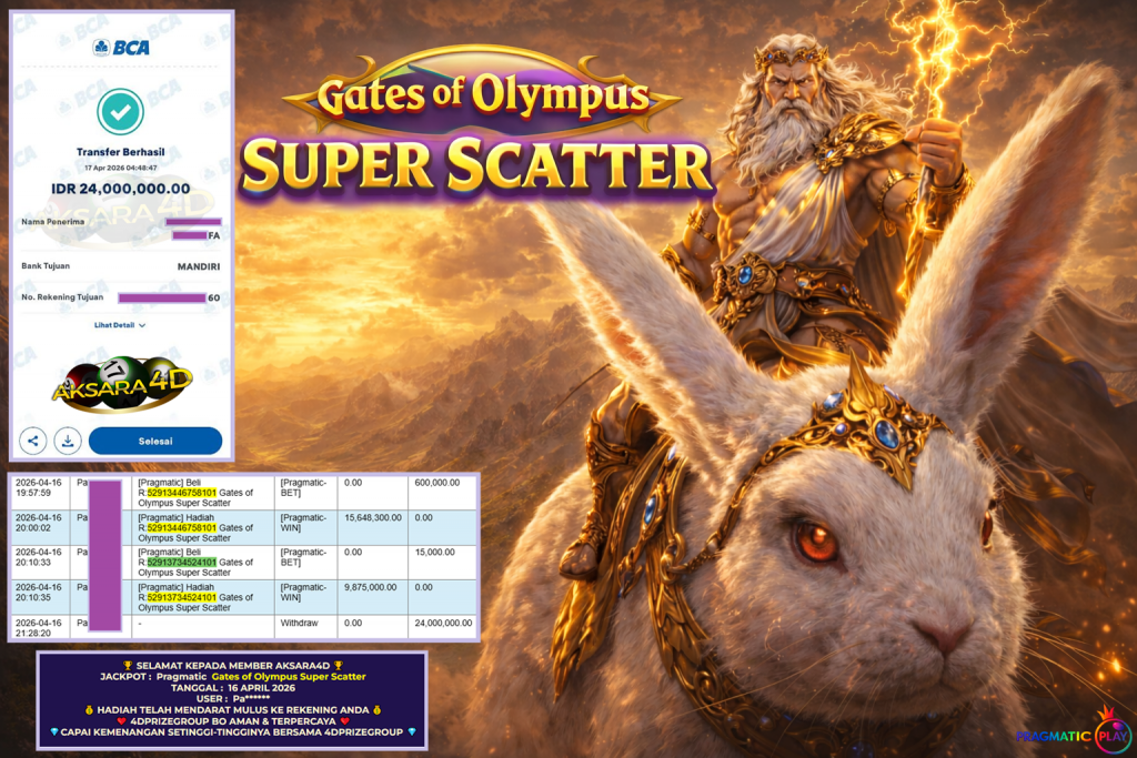 AKSARA4D JACKPOT PRAGMATIC ” Gates of Olympus Super Scatter ” Rp 24.000.000,- LUNAS
