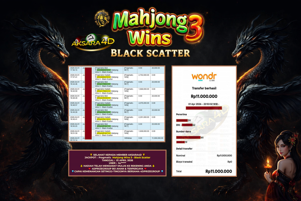 AKSARA4D JACKPOT PRAGMATIC ” Mahjong Wins 3 – Black Scatter ” Rp 11.000.000,- LUNAS