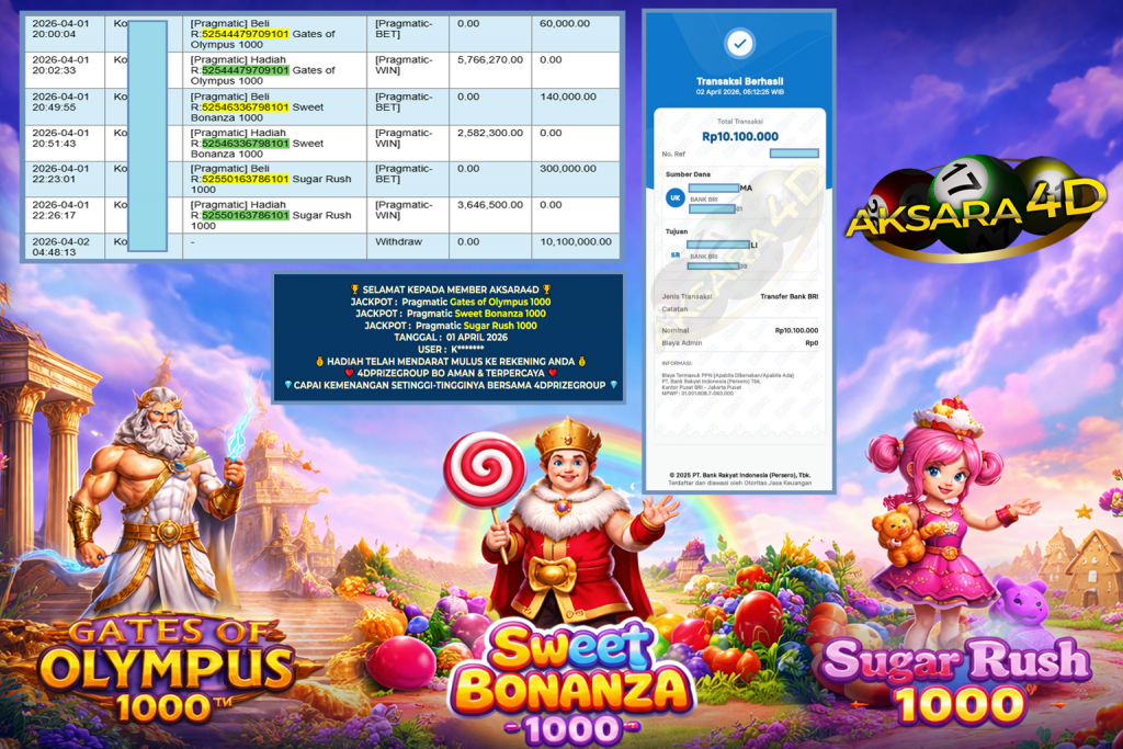 AKSARA4D JACKPOT PRAGMATIC ” Gates of Olympus 1000, Sweet Bonanza 1000, Sugar Rush 1000 ” Rp 10.100.000,- LUNAS