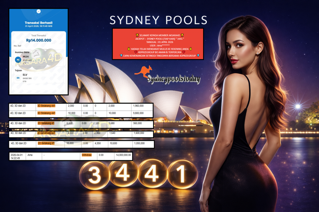 AKSARA4D JACKPOT SYDNEY POOLS (TIAP HARI) ” 3441 ” Rp14.000.000,- LUNAS
