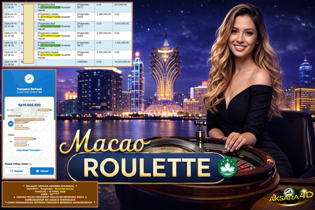 AKSARA4D JACKPOT PRAGMATIC LIVE GAME ” Roulette Macao ” ‎‏‏‎Rp 10.000.000,- LUNAS