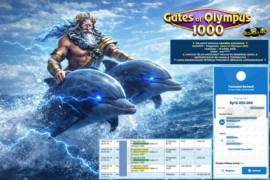 AKSARA4D JACKPOT PRAGMATIC ” Gates of Olympus 1000 ” Rp 10.000.000,- LUNAS