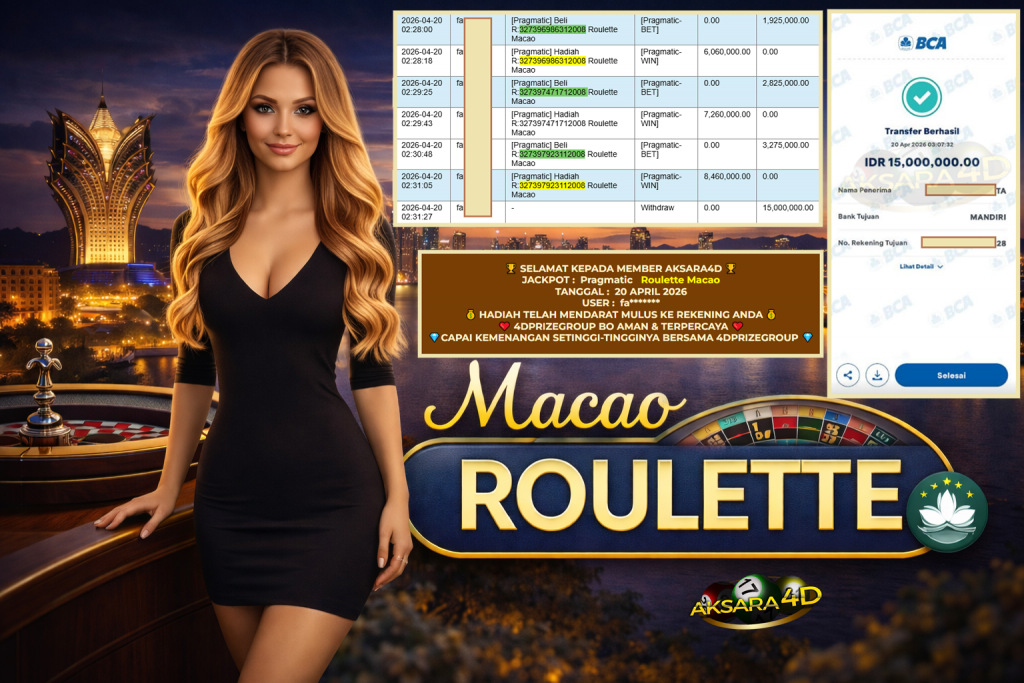 AKSARA4D JACKPOT PRAGMATIC LIVE GAME ” Roulette Macao ” ‎‏‏‎Rp 15.000.000,- LUNAS