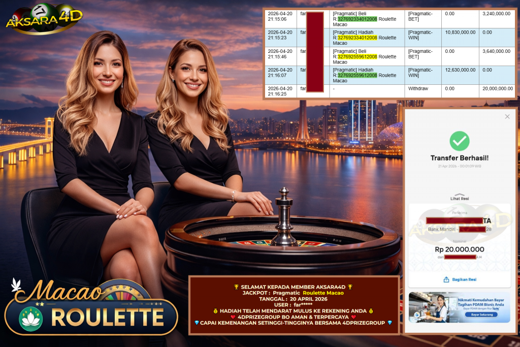 AKSARA4D JACKPOT PRAGMATIC LIVE GAME ” Roulette Macao ” ‎‏‏‎Rp 20.000.000,- LUNAS