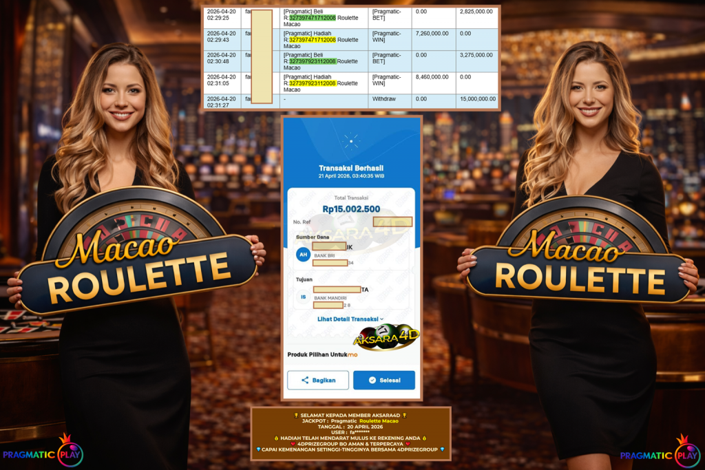 AKSARA4D JACKPOT PRAGMATIC LIVE GAME ” Roulette Macao ” ‎‏‏‎Rp 15.000.000,- LUNAS