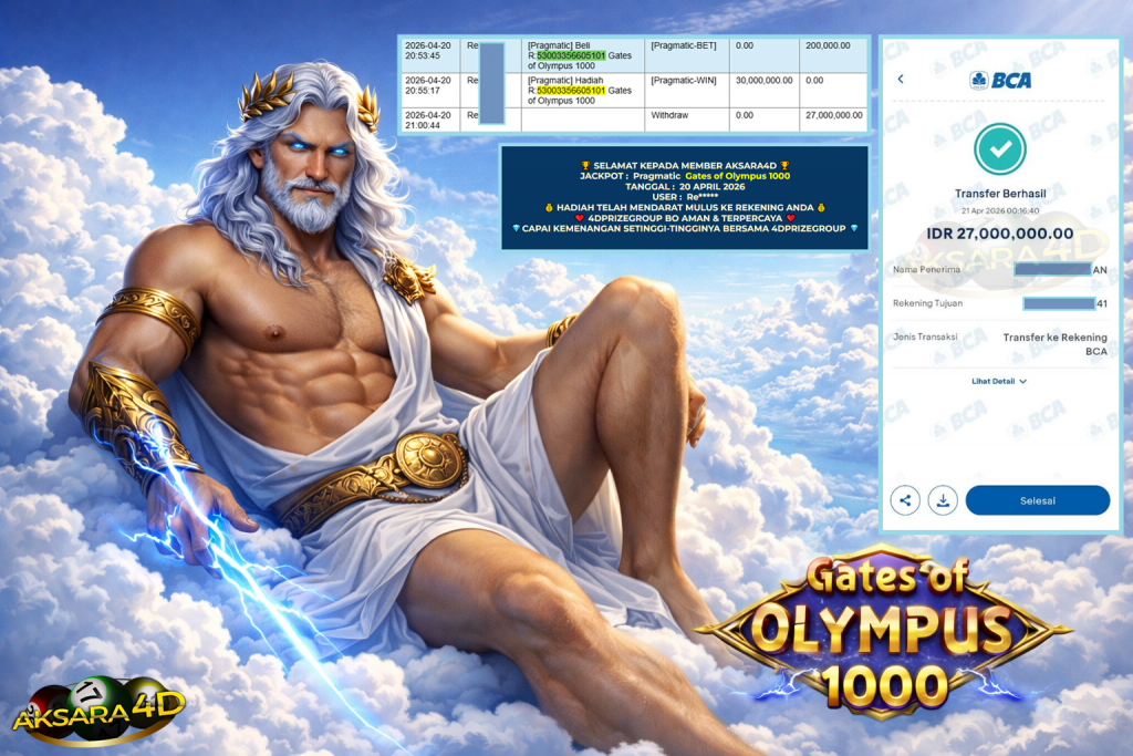 AKSARA4D JACKPOT PRAGMATIC ” Gates of Olympus 1000 ” Rp 27.000.000,- LUNAS