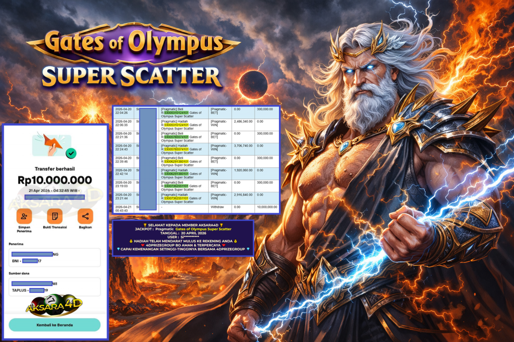 AKSARA4D JACKPOT PRAGMATIC ” Gates of Olympus Super Scatter ” Rp 10.000.000,- LUNAS