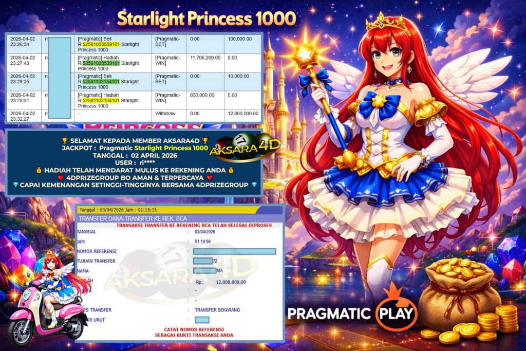 AKSARA4D JACKPOT PRAGMATIC “Starlight Princess 1000 ” Rp 12.000.000,- LUNAS