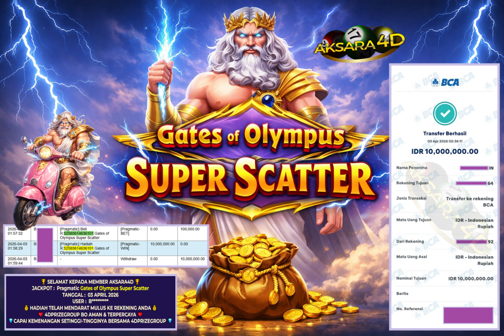 AKSARA4D JACKPOT PRAGMATIC “Gates of Olympus Super Scatter ” Rp 10.000.000,- LUNAS