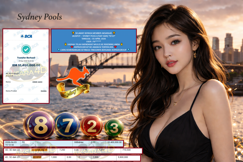 AKSARA4D JACKPOT PASARAN SYDNEY POOLS (TIAP HARI) “8723” Rp10.400.000,- LUNAS