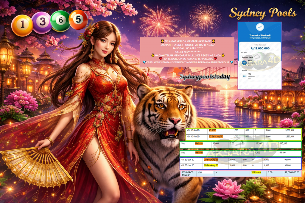 AKSARA4D JACKPOT PASARAN SYDNEY POOLS (TIAP HARI) “1365”‎‏‏‎ Rp12.000.000,- LUNAS