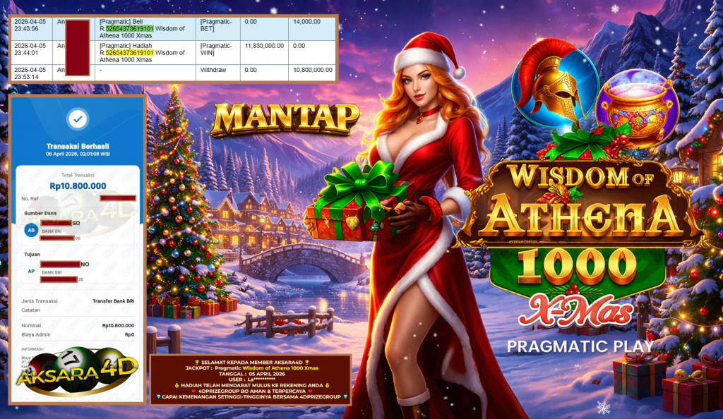 AKSARA4D JACKPOT PRAGMATIC ” Wisdom of Athena 1000 Xmas ” Rp 10.800.000,- LUNAS