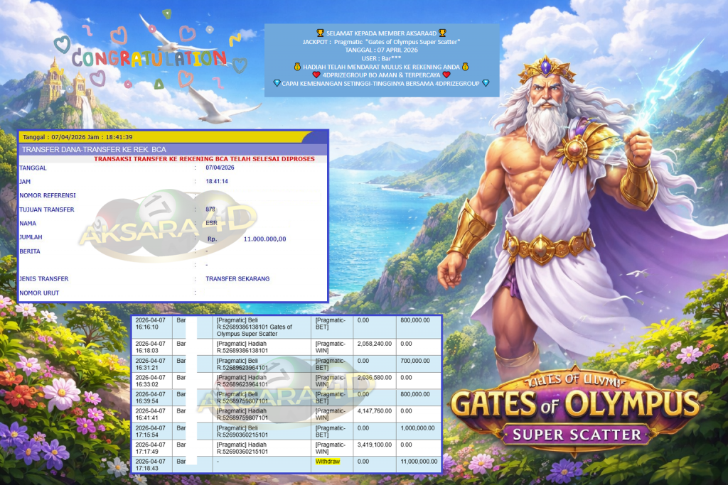 AKSARA4D JACKPOT PRAGMATIC “Gates of Olympus Super Scatter”‎‏‏‎‎ Rp11.000.000,- LUNAS