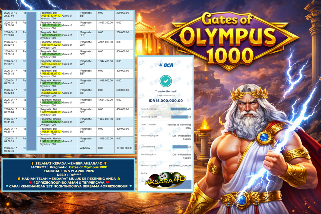AKSARA4D JACKPOT PRAGMATIC ” Gates of Olympus 1000 ” Rp 15.000.000,- LUNAS