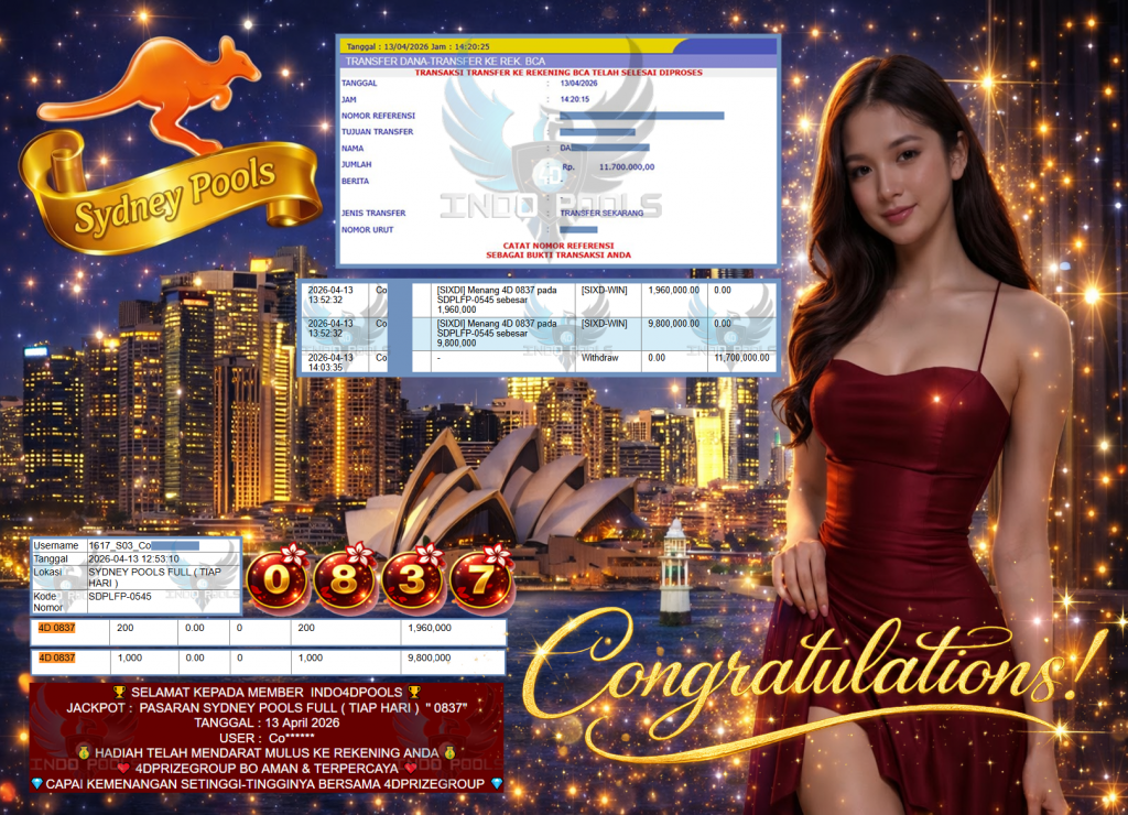 INDO4DPOOLS JACKPOT PASARAN ” SYDNEY POOLS FULL ( TIAP HARI ) ” 0837″ ” Rp 11,700,000,- LUNAS