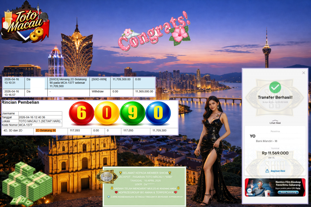 SHIO88 JACKPOT PASARAN TOTO MACAU 1 “6090” Rp11.569.000,- LUNAS