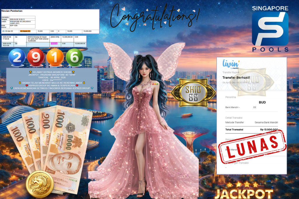 SHIO88 JACKPOT PASARAN SINGAPORE 4D “2916” Rp13.500.000,- LUNAS