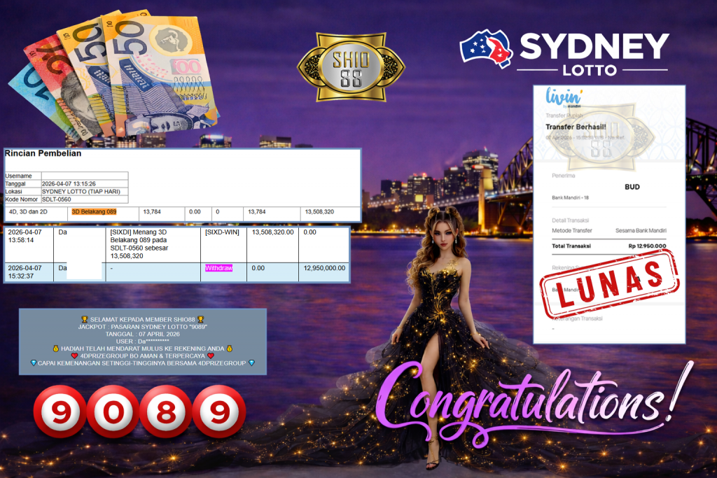 SHIO88 JACKPOT PASARAN SYDNEY LOTTO “9089” Rp12.950.000,- LUNAS