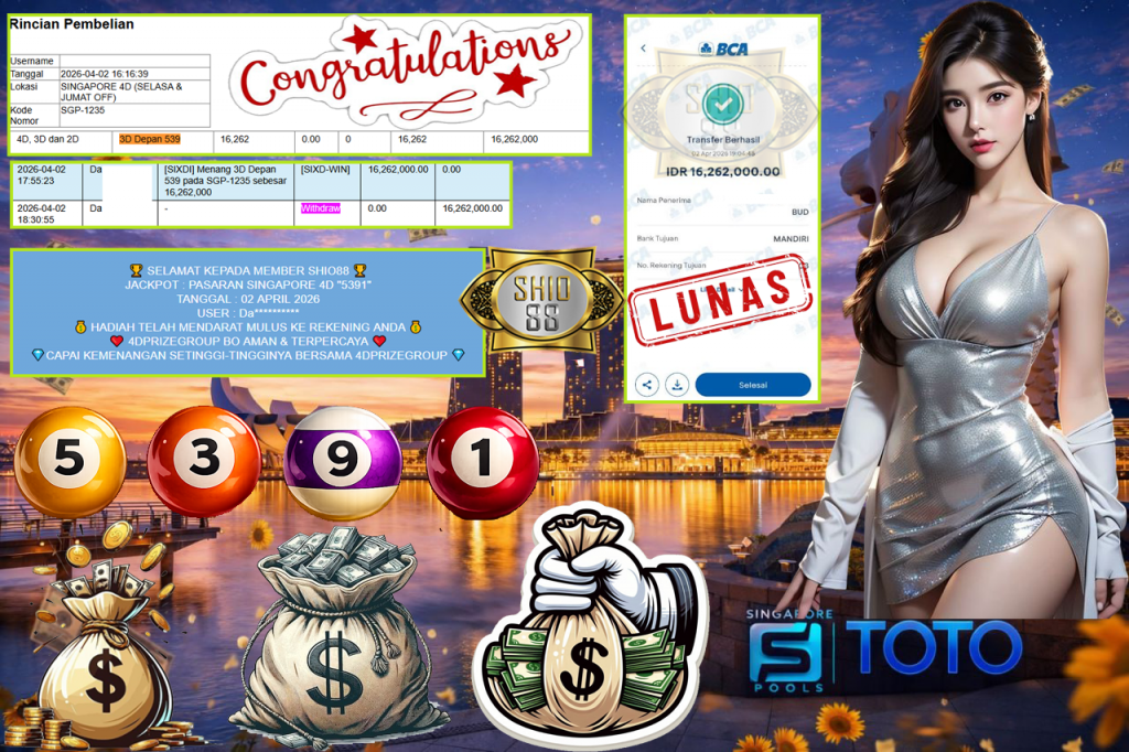 SHIO88 JACKPOT PASARAN SINGAPORE 4D “5391” Rp16.262.000,- LUNAS