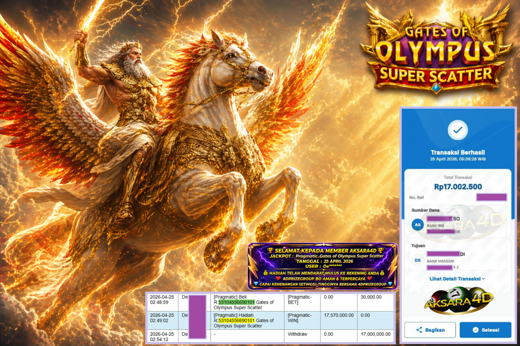 AKSARA4D JACKPOT PRAGMATIC ” Gates of Olympus Super Scatter ” Rp 17.000.000,- LUNAS