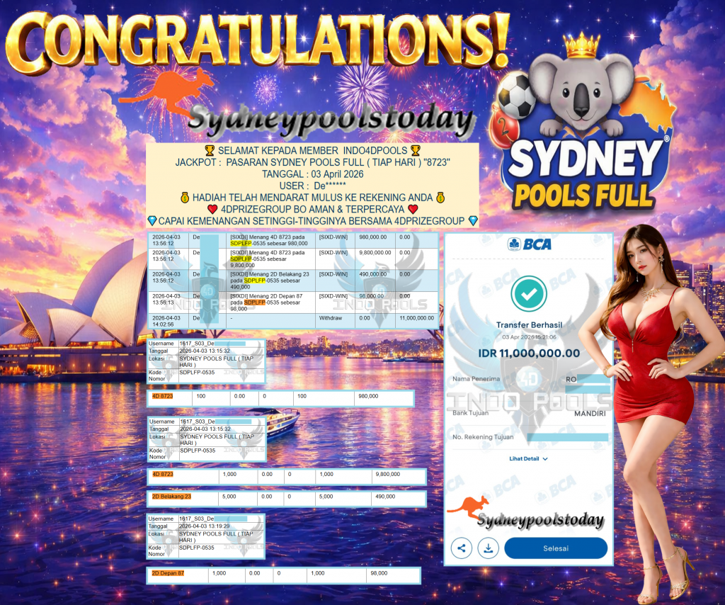 INDO4DPOOLS JACKPOT PASARAN ” SYDNEY POOLS FULL ( TIAP HARI ) ” 8723 ” ” Rp 11,000,000,- LUNAS