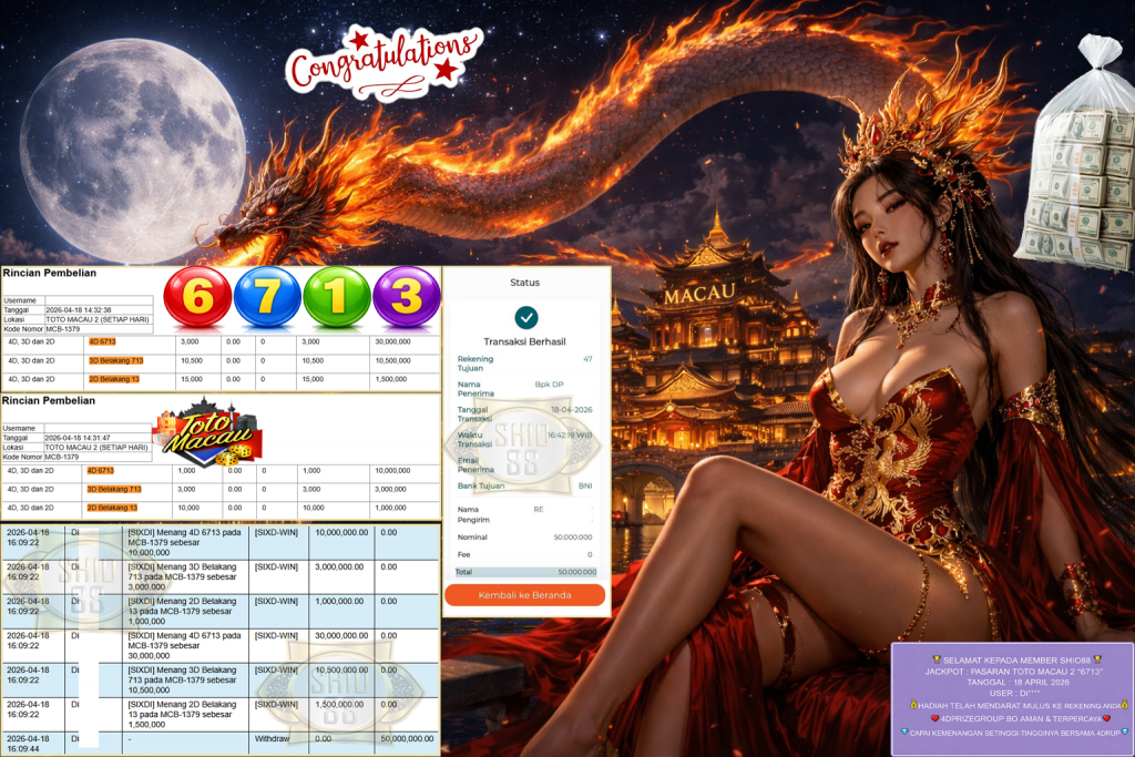 SHIO88 JACKPOT PASARAN TOTO MACAU 2 “6713” Rp50.000.000,- LUNAS