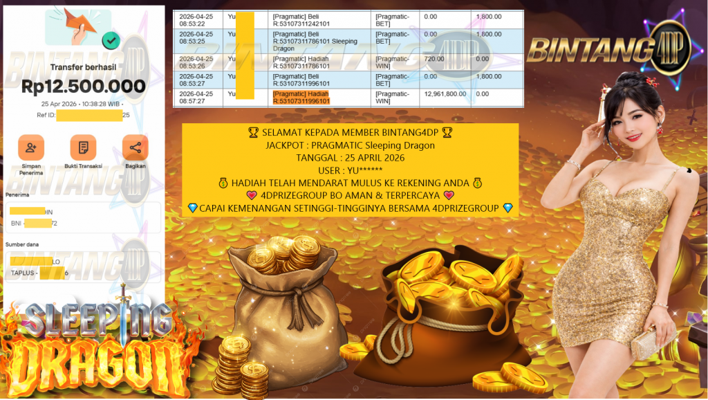BINTANG4DP JACKPOT PRAGMATIC Sleeping Dragon Rp12.500.000,- LUNAS