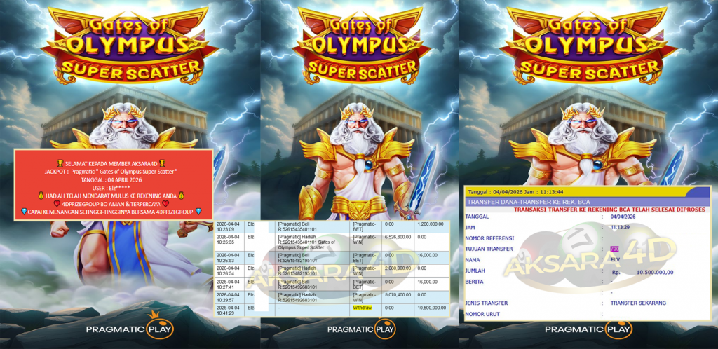 AKSARA4D JACKPOT PRAGMATIC “Gates of Olympus Super Scatter”‎‏‏‎‎ Rp10.500.000,- LUNAS