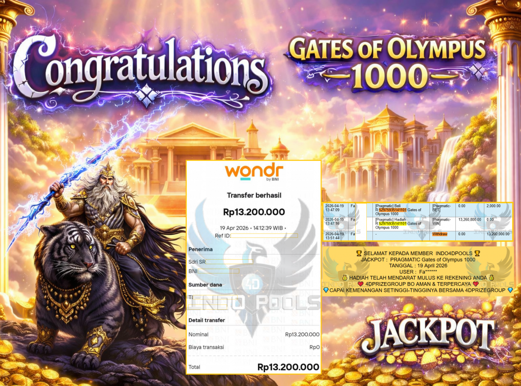 INDO4DPOOLS JACKPOT PRAGMATIC ” Gates of Olympus 1000 ” Rp 13,200,000,- LUNAS