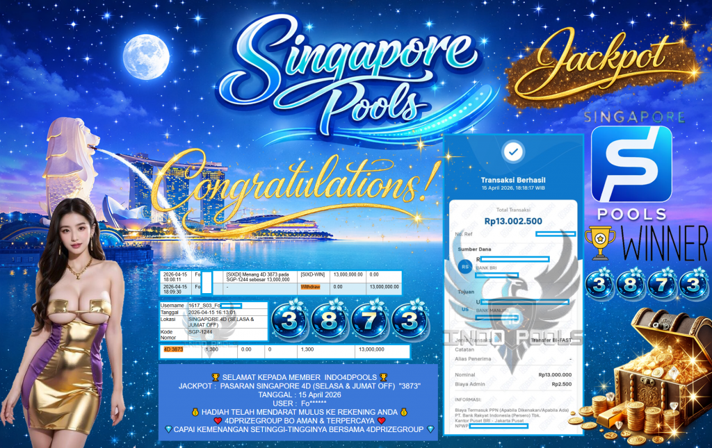 INDO4DPOOLS JACKPOT PASARAN ” SINGAPORE 4D (SELASA & JUMAT OFF) ” 3873″ ” Rp 13,000,000,- LUNAS