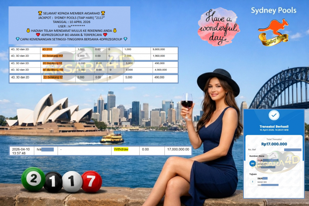 AKSARA4D JACKPOT PASARAN SYDNEY POOLS (TIAP HARI) “2117” Rp17.000.000,- LUNAS