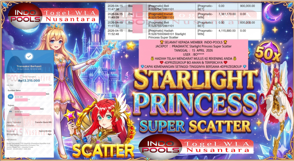 INDO-POOLS JACKPOT PRAGMATIC “Starlight Princess Super Scatter” Rp13.215.000,- LUNAS