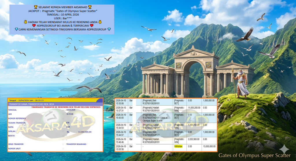 AKSARA4D JACKPOT PRAGMATIC “Gates of Olympus Super Scatter”‎‏‏‎‎ Rp13.000.000,- LUNAS