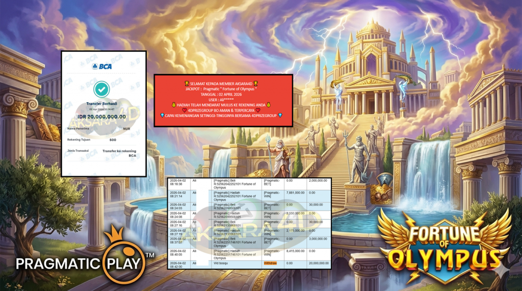 AKSARA4D JACKPOT Pragmatic ” Fortune of Olympus ” Rp20.000.000,- LUNAS