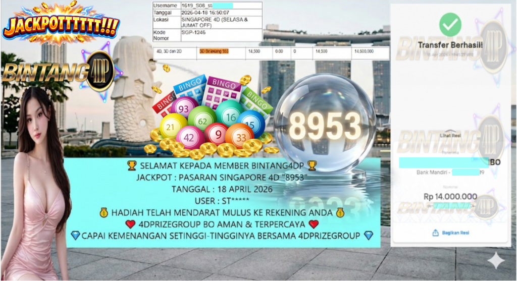 BINTANG4DP JACKPOT TOGEL SINGAPORE 4D “8953” Rp14.000.000,- LUNAS