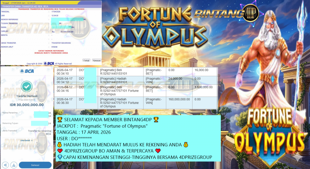 BINTANG4DP JACKPOT PRAGMATIC “Fortune of Olympus”‎‏‏‎‎ Rp60.000.000,- LUNAS