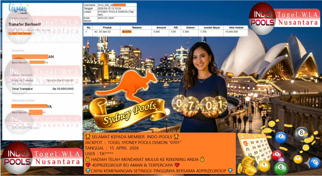 INDO-POOLS JACKPOT TOGEL SYDNEY POOLS DISKON “0701” Rp13.000.000,- LUNAS