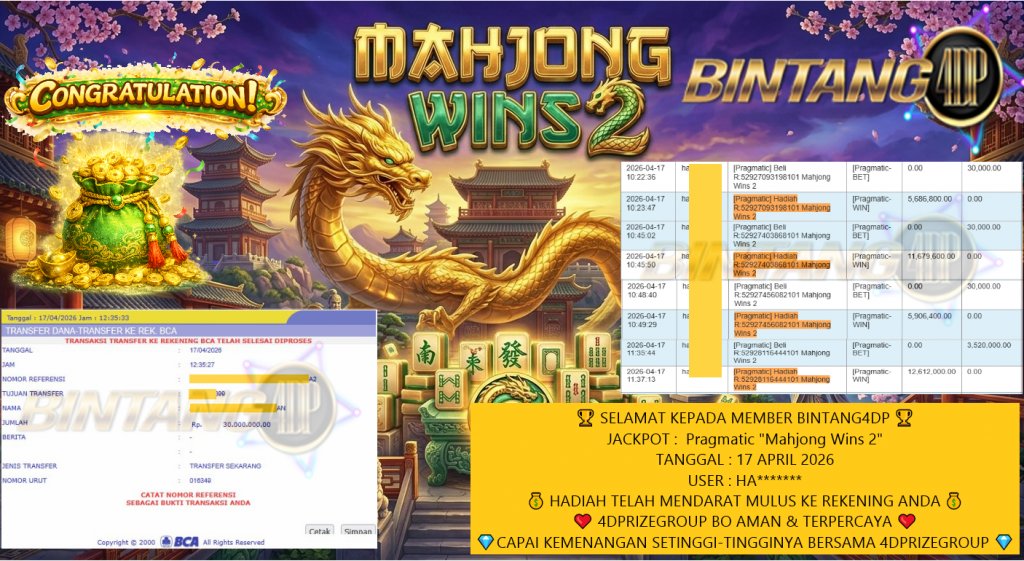 BINTANG4DP JACKPOT PRAGMATIC “Mahjong Wins 2″‎‏‏‎‎ Rp30.000.000,- LUNAS