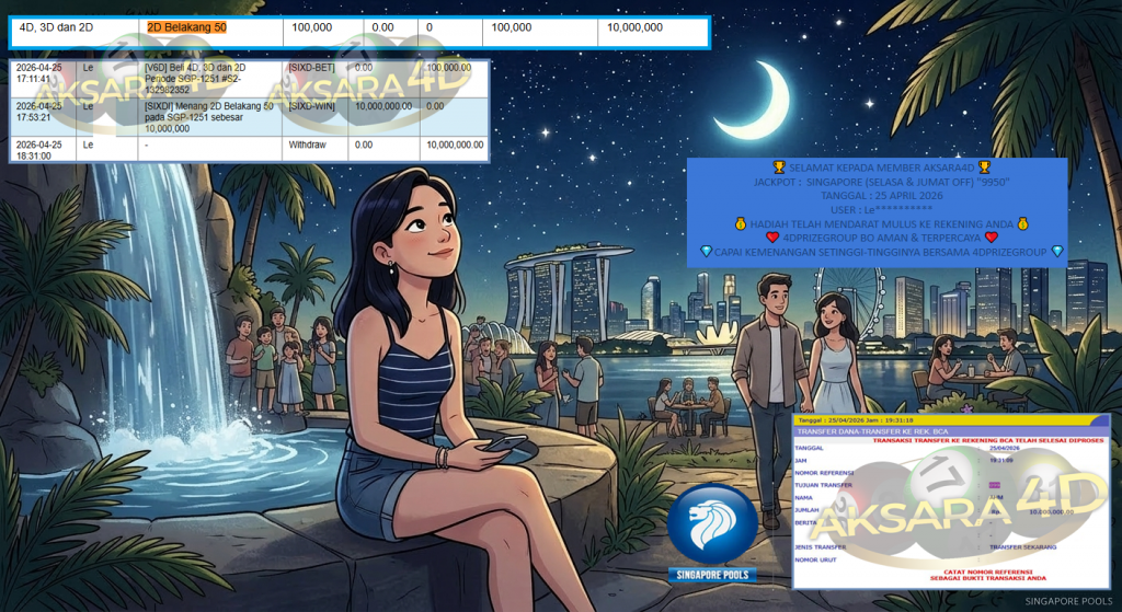 AKSARA4D JACKPOT PASARAN SINGAPORE (SELASA & JUMAT OFF) “9950”‎‏‏‎ Rp10.000.000,- LUNAS