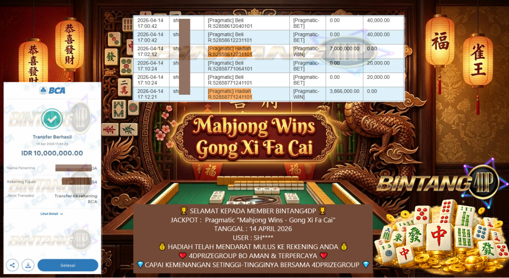 BINTANG4DP JACKPOT PRAGMATIC “Mahjong Wins – Gong Xi Fa Cai” Rp.10.000.000,- LUNAS
