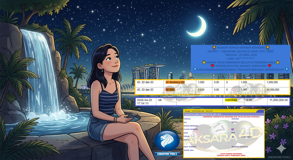AKSARA4D JACKPOT PASARAN SINGAPORE (SELASA & JUMAT OFF) “9950”‎‏‏‎ Rp11.000.000,- LUNAS