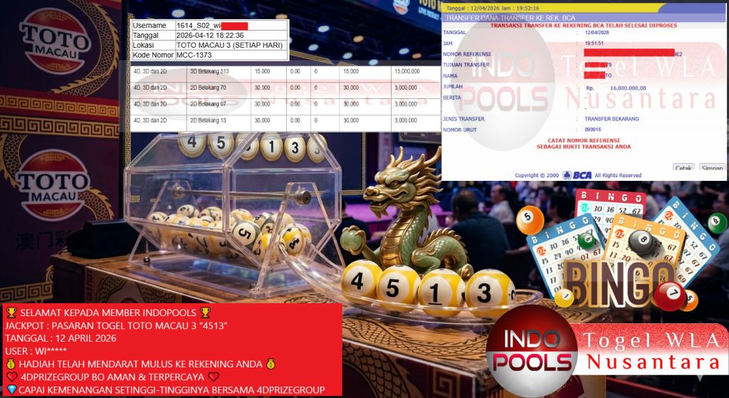 INDOPOOLS JACKPOT PASARAN TOGEL TOTO MACAU 3 “4513” Rp16,000,000,- LUNAS