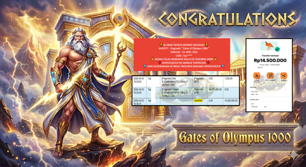 AKSARA4D JACKPOT PRAGMATIC “Gates of Olympus 1000″‎‏‏‎‎ Rp14.500.000,- LUNAS
