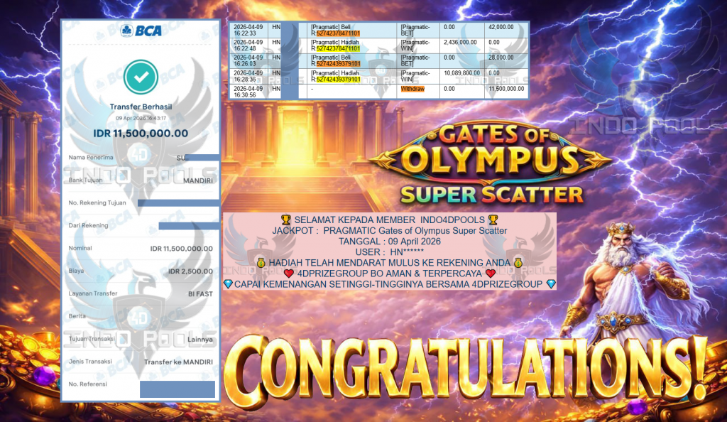 INDO4DPOOLS JACKPOT PRAGMATIC ” Gates of Olympus Super Scatter ” Rp 11,500,000,- LUNAS