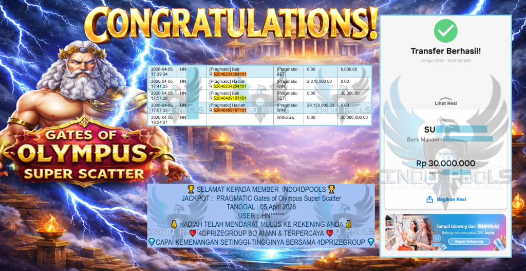 INDO4DPOOLS JACKPOT PRAGMATIC ” Gates of Olympus Super Scatter ” Rp 30,000,000,- LUNAS
