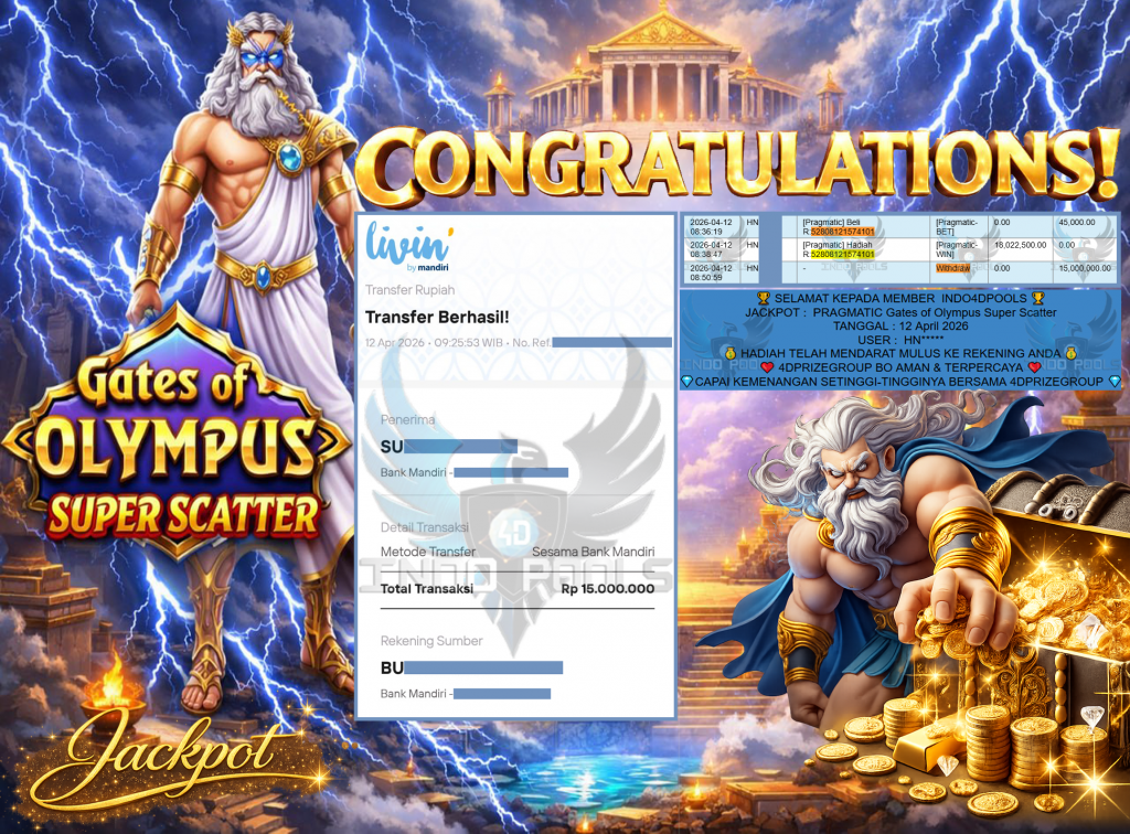 INDO4DPOOLS JACKPOT PRAGMATIC ” Gates of Olympus Super Scatter ” Rp 15,000,000,- LUNAS