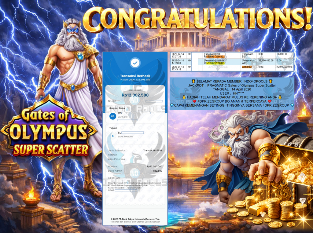 INDO4DPOOLS JACKPOT PRAGMATIC ” Gates of Olympus Super Scatter ” Rp 12,000,000,- LUNAS